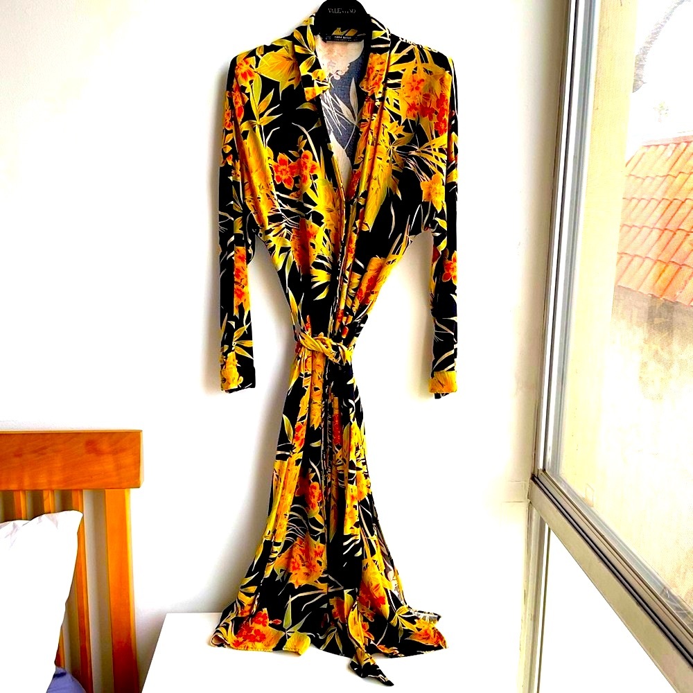 Zara Dark Tropical Print Long Line Shirt Dress